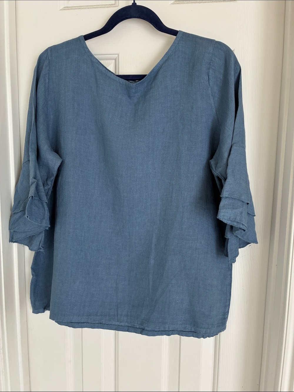 Relaxed Linen V-Neck Blue Ruffle Sleeve Blouse